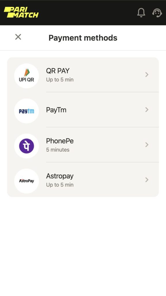 Payment methods at Parimatch