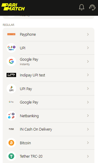 Parimatch Deposit options