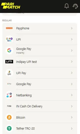 Payment methods at Parimatch