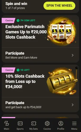 Parimatch app casino bonus