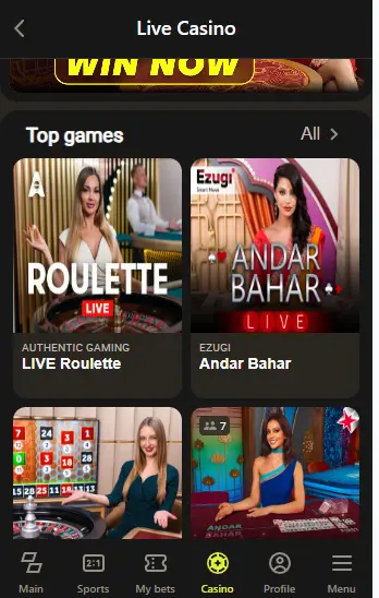 live dealer games Parimatch app