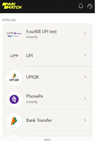 Parimatch app UPI deposit