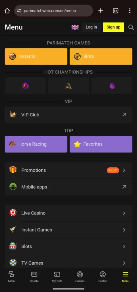 Parimatch Games App Menu