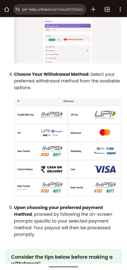 Parimatch Withdrawal Methods